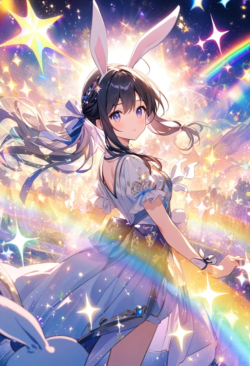 「A character with rabbit ears and long hair tied with a ribbon, Surrounded by magical rainbows and sparkles, Against a bright and shining fantasy background."He's holding a stuffed rabbit in both hands.