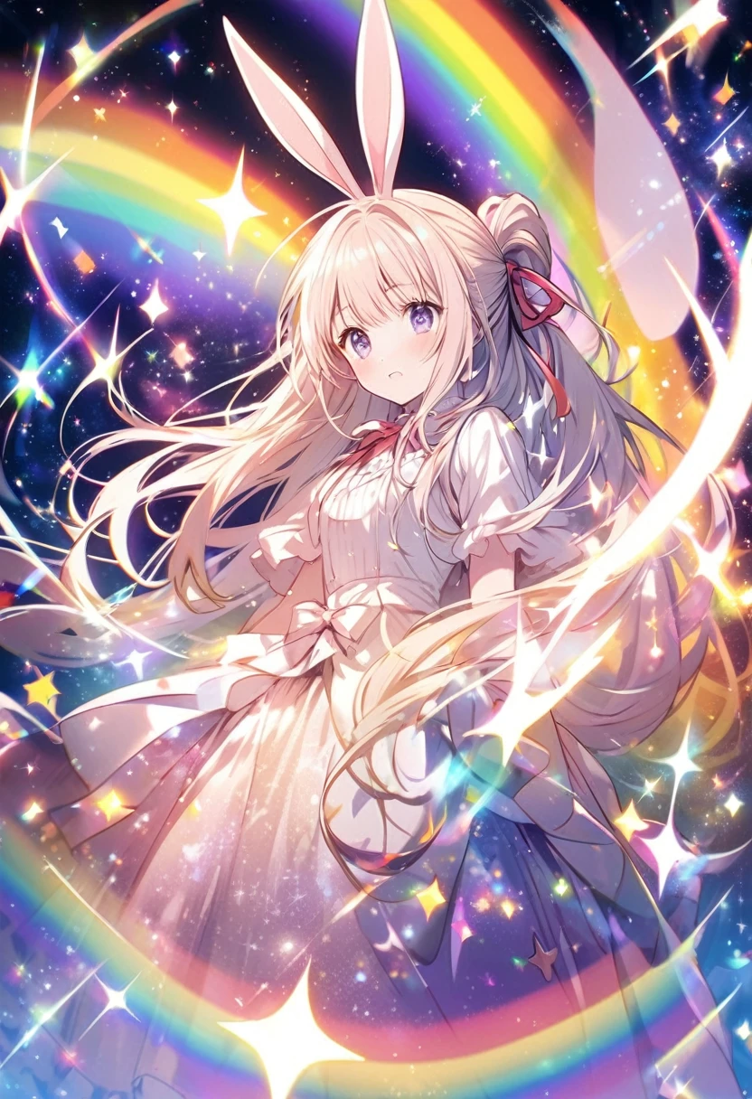 「A character with rabbit ears and long hair tied with a ribbon, Surrounded by magical rainbows and sparkles, Against a bright and shining fantasy background."He's holding a stuffed rabbit in both hands.