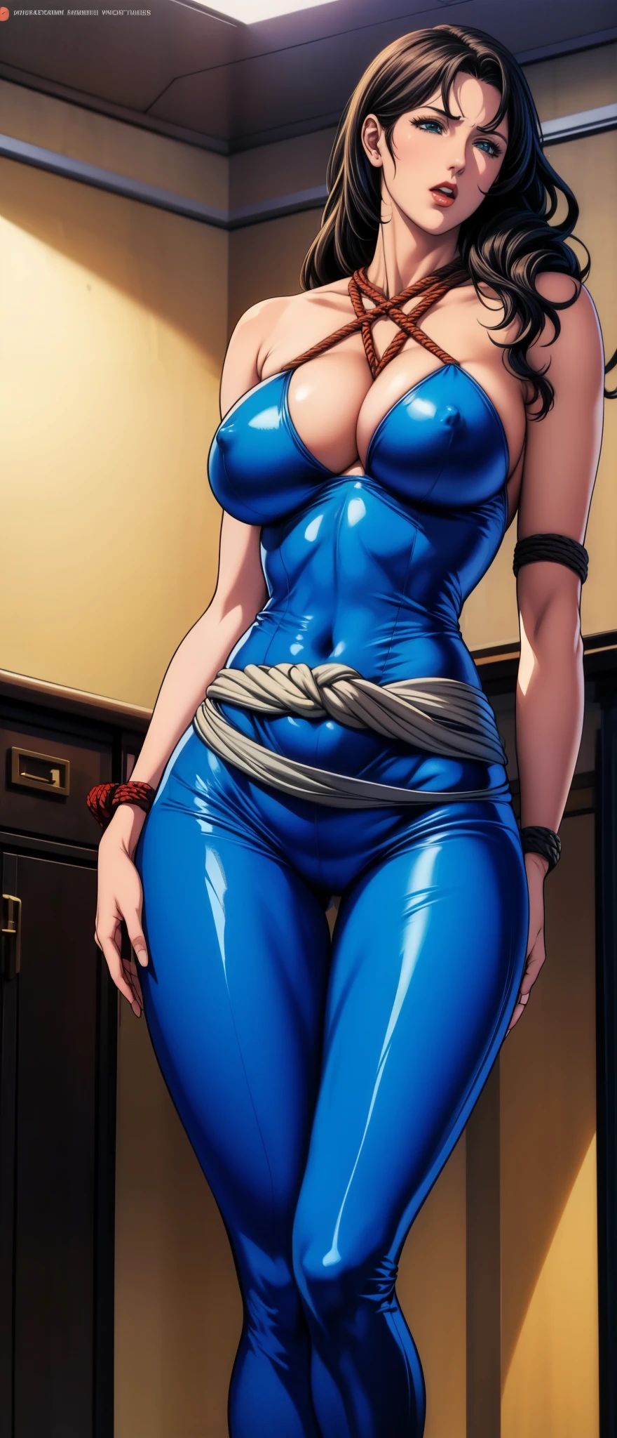girl，alone，Gray background，Artistic lighting，Beautiful Asian Goddess，Long black hair，Long Hair,Wavy Hair,eyelash, blue eyes, lipstick, Purple bodysuit, Strapless, No sleeve, Green sash,(Shiny costumes),((Rope Bondage:1.2),Wearing a belt around his waist),((Put your arms behind your back)),((Wrists tied behind the back)),Sensual,(Hair blowing in the wind),Graceful features，No sleeve，Mature Woman, Mature Woman,Detailed fingers, Perfect hands, Length 180cm,Small face,sweating,Soft thighs,Sexy legs,Sexy ass, Cleavage,Open the chest,Smooth thighs and legs，((Amazing orgasm)),大きなSexy ass, Perfect Body Proportions, Slim waist,Nipples visible,Tight waist,(Long legs:1.4),F cup bust,Huge :1.3，perspective:1.2，Looking at the audience，Character-centric，symmetry diagram，whole body:1.5，From below:1.3，Abdominal shot