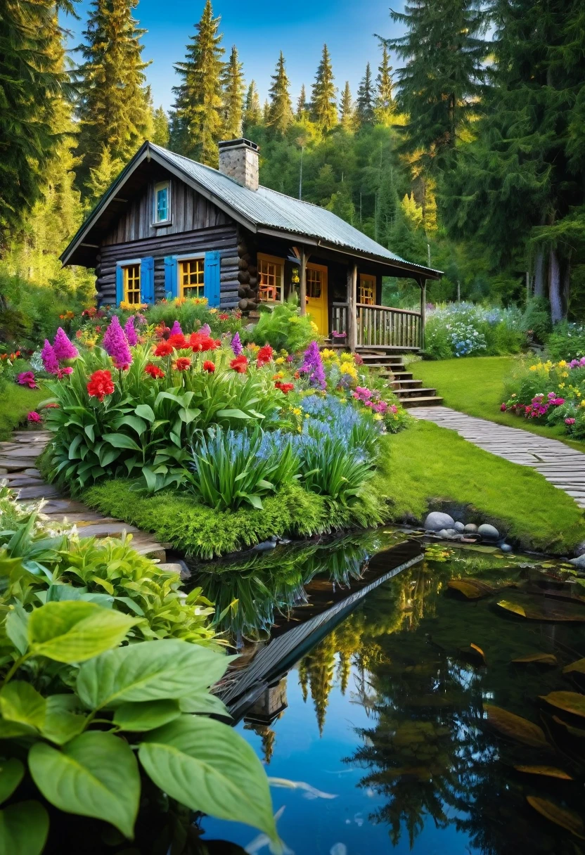 A charming, rustic cabin The path leading to the home, lined with meticulously tended garden beds and vibrant foliage, conveys a sense of tranquility and seclusion, immersing the viewer in the serene, natural setting. colorful flowers scenery, outdoors, nature cabin house coffee cup on the table, water, sky, forest, reflection, day, blue_sky, grass, reflective_water,