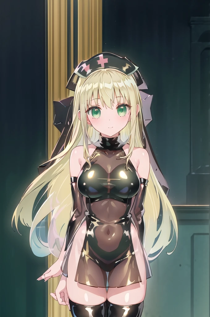 1girl,solo,cowboy shot,standing,(blonde hair:1.8),(long hair:1.4),one side long hair,bangs,hair_between_eyes,(green eyes:1.4),(beautiful fingers:1.4),(perfect anatomy:1.4),(arms_behind_back:1.6),(cold_shoulder:1.2),BREAK,(black nurse uniform:1.6),(leather lace glossy silk lamé: 1.4),(latex luster shiny glossy metallic:1.4),(shiny_clothes:1.4),medium breasts,beautiful breasts,(masterpiece),best quality,(Ultra high definition eyes:1.2),8k,(Beautiful detailed eyes:1.2),(Fine and beautiful eyes:1.2),(pretty eyes:1.2),finely detail,extremely CG, absurdres,high resolution,illustration,Detailed and beautiful outlines,finely detail,high resolution,(colorful refraction:1.4,Increase saturation:1.2),beautiful lighting,dynamic lighting,closed room,black background,simple background, smile,looking at viewer,Cecilia,jewelry,(black veil:1.4),(black Clear PVC sheets sleeves:1.6),(sheer sleeves:1.6),(see-through sleeves:1.6),(wide sleeves:1.4),(black thigh boots:1.4)