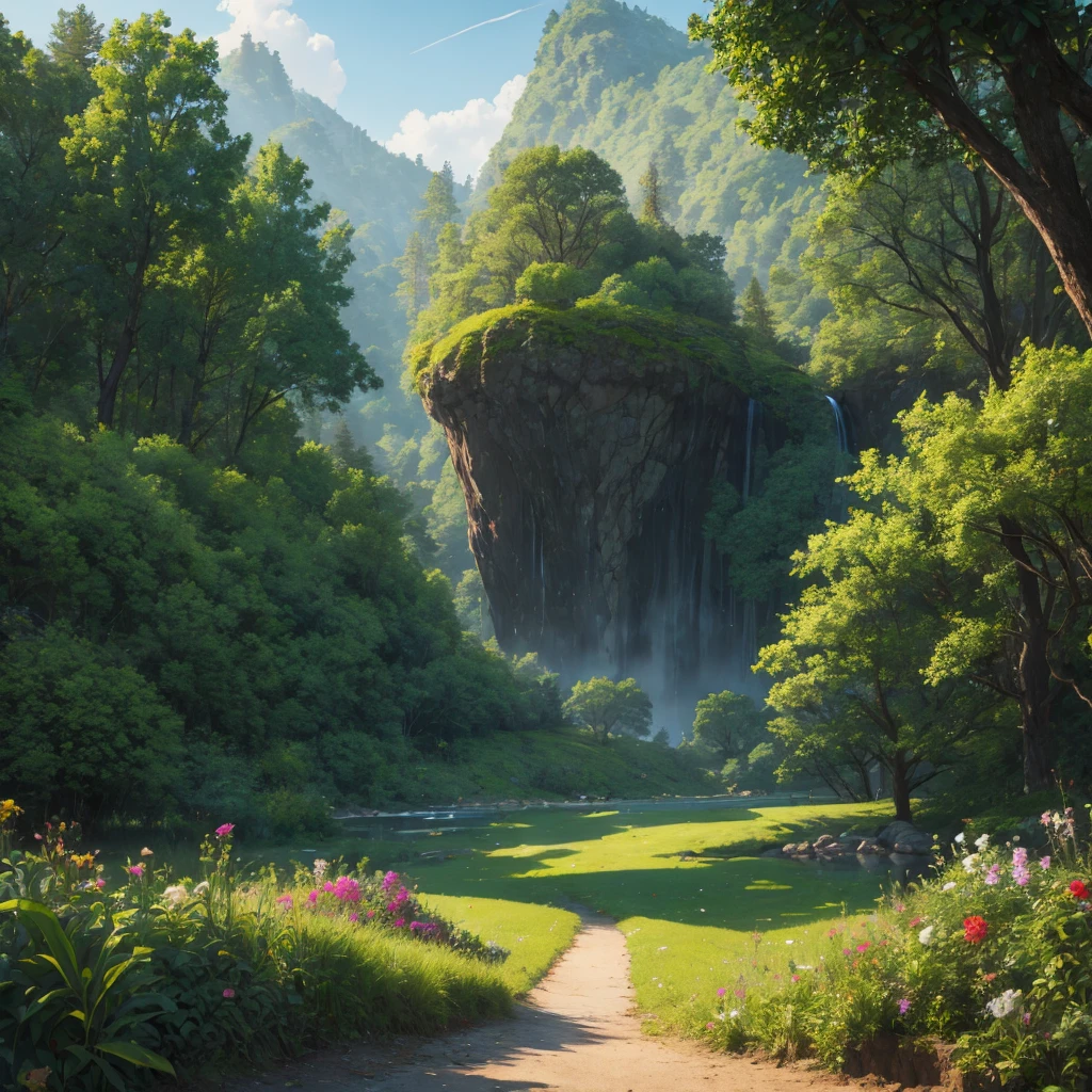 A wonderful green forest with a cave and there a lot of trees and flowers all over thw ground 