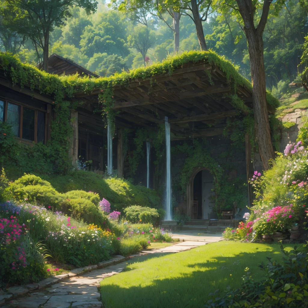A wonderful green forest with a cave and there a lot of trees and flowers all over thw ground