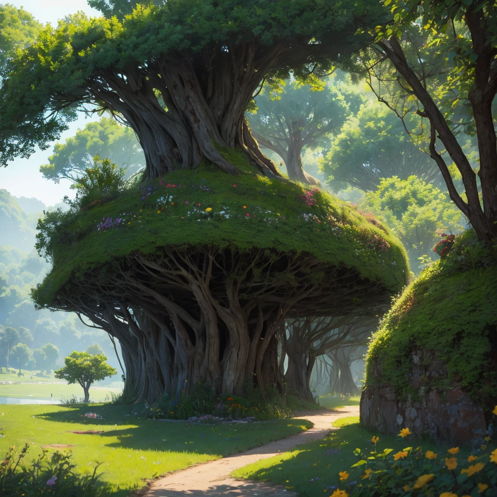 A wonderful green forest with a cave and there a lot of trees and flowers all over thw ground 
