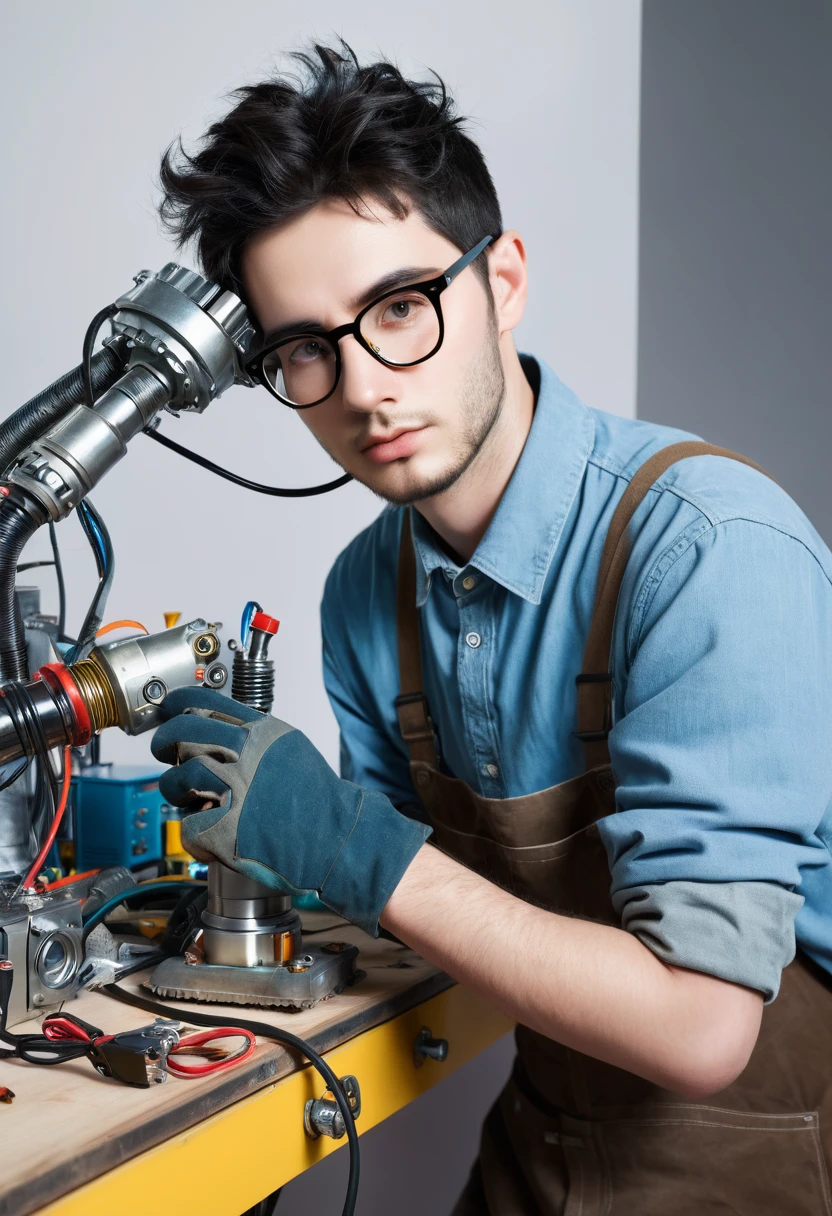 Ridiculous resolution, high resolution, (masterpiece: 1.4), Ultra Detail, Young man with messy short black hair and glasses dressed as welder, A very high-tech robotic arm workbench