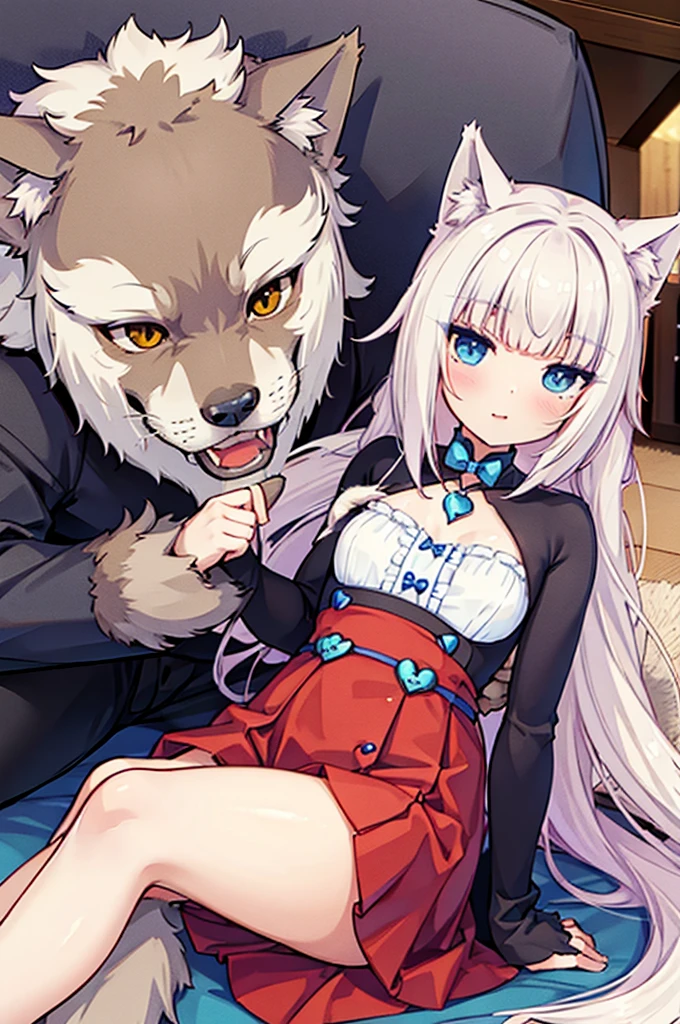 white girl cat beast, black boy wolf beastman, cute, couple