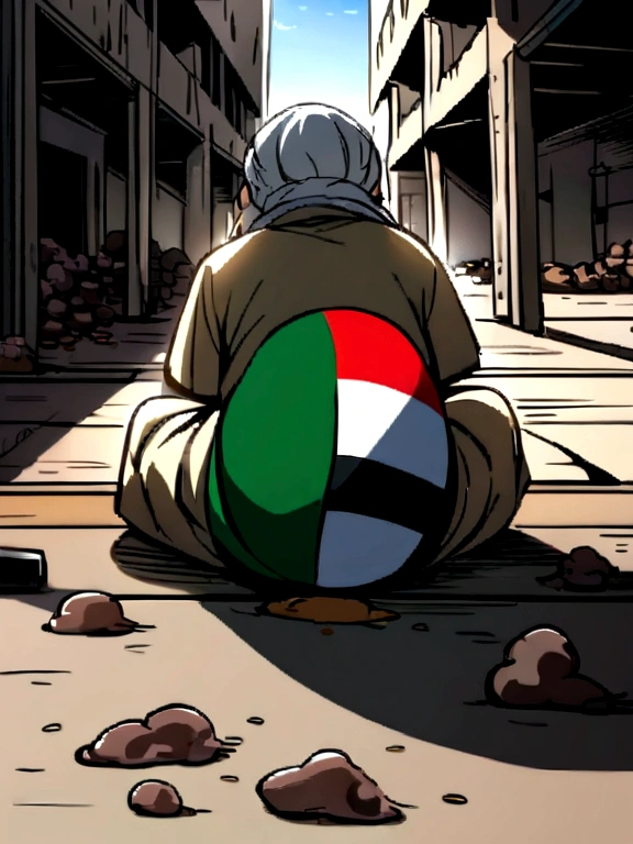 Old grandmother sitting in an abandoned building, the dog poops in front of her, a lot of poop, poop in the foreground, Palestine flag from behind