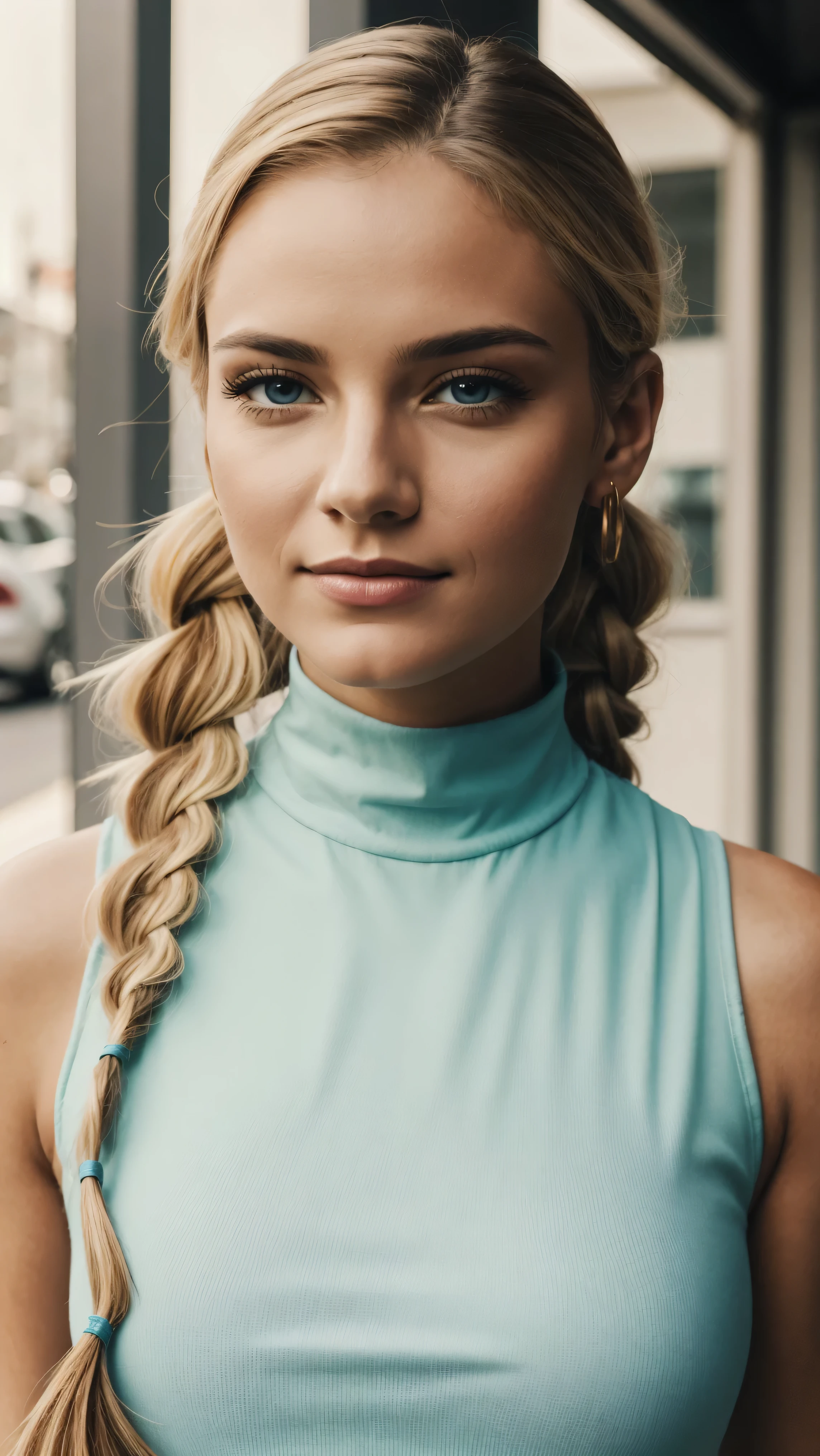 woman, smile, high neck dress, warm light, shadows, Photograph of a 25 year old woman, (ambivalent facial expression), face looking at camera, full face, portrait, faces are visible more, and the eyes look straight, textured leather, goosebumps, ash blonde mermaid with braid, Perfect eyes, realistic skin texture, too much sweat, (ektachrome), Velvia 100 color, shot with Leica T, hips, sharp focus on the subject, shot by Peter Lindbergh, bright, fair, realistic look, toka on forehead, nose jewelry, big lips, red lipstick, pink slip,