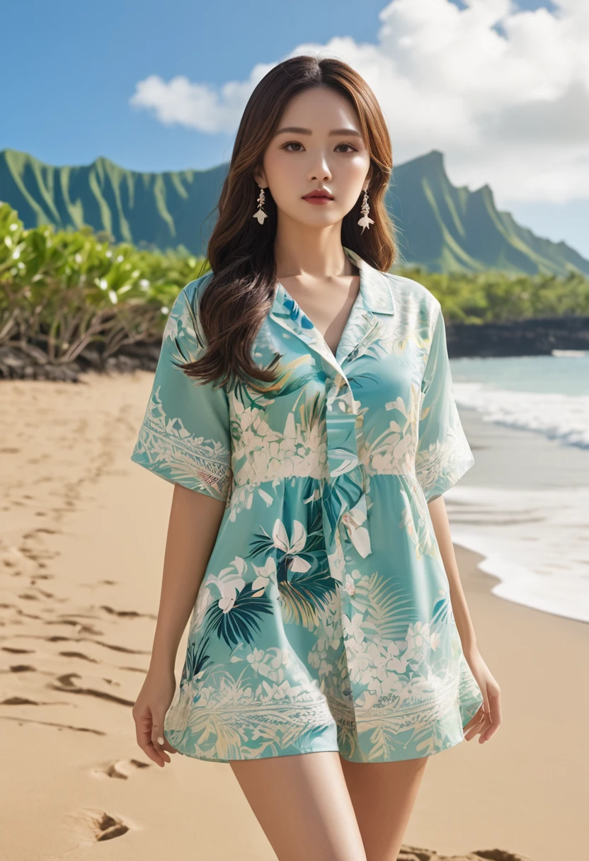 masterpiece、Highest quality、Ultra detailed face、Highly detailed hair、Resort Wear、Hawaiian beach in the background