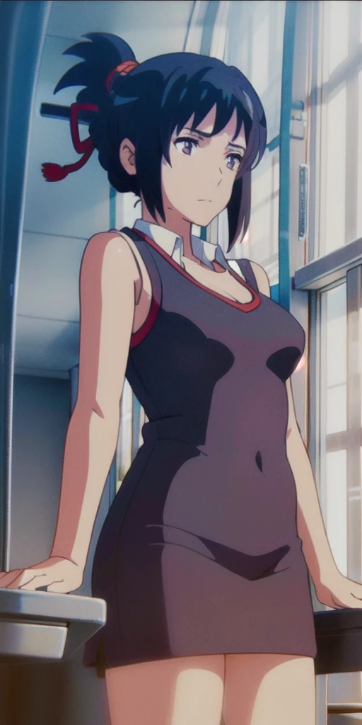 teenager in  in an empty, dimly lit classroom, very blushing with excessively large breasts, anime style