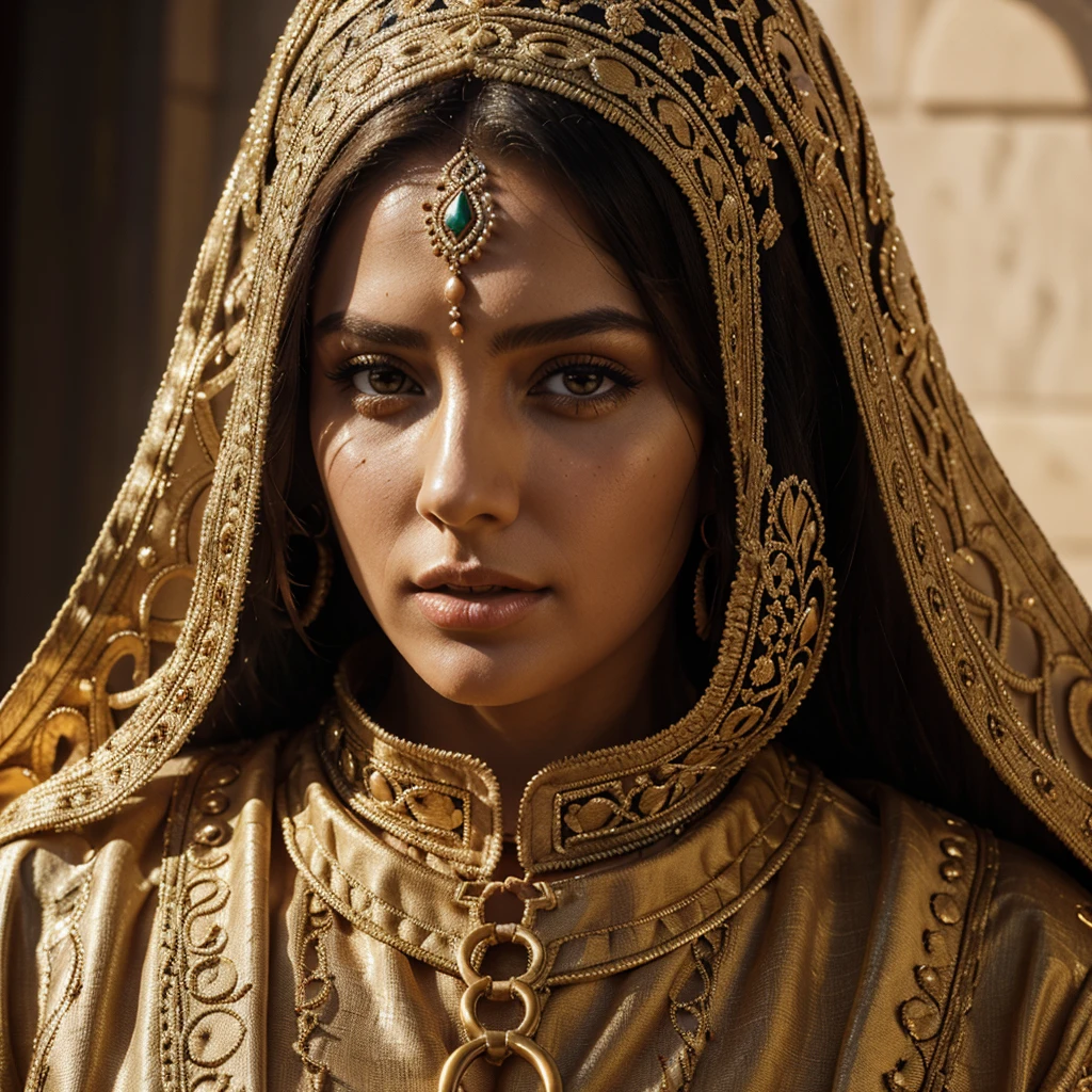 a colorful moroccan caftan, symmetrical face, wide belt, detailed facial features, ornate patterns, rich colors, dramatic lighting, cinematic pose, elegant, intricate fabric textures, high fashion, editorial style, chiaroscuro lighting, cinematic angle, dramatic shadows, vibrant colors, ornate embellishments, flawless skin, detailed eyes, full lips, sharp nose, radiant glow, luxurious, regal, stately