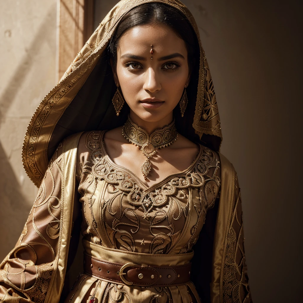 a colorful moroccan caftan, symmetrical face, wide belt, detailed facial features, ornate patterns, rich colors, dramatic lighting, cinematic pose, elegant, intricate fabric textures, high fashion, editorial style, chiaroscuro lighting, cinematic angle, dramatic shadows, vibrant colors, ornate embellishments, flawless skin, detailed eyes, full lips, sharp nose, radiant glow, luxurious, regal, stately