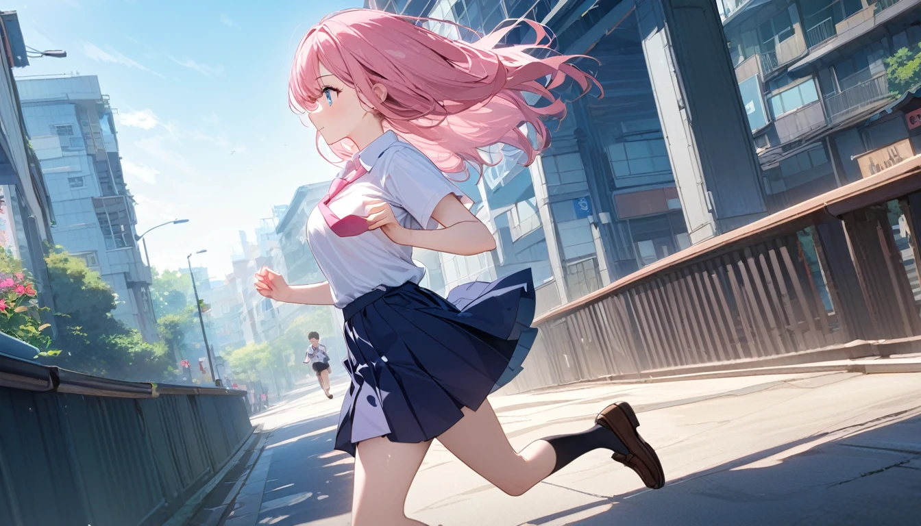(1 girl),(Best Picture Quality, 8K, Masterpiece:1.3), (high school student:1.5), (pink lob hair), (bumpy hair), (slant skyblue eyes), ((school uniform, white short simple sleeve shirt, darkblue skirt, pink tie)), (super clear:1.5), (glistening skin:1.1),(pale skin:1.1), (looking ahead:1.3), ((from side:1.3)),(running through the beautiful scenery of the city alleys in the morning), (running:1.3),