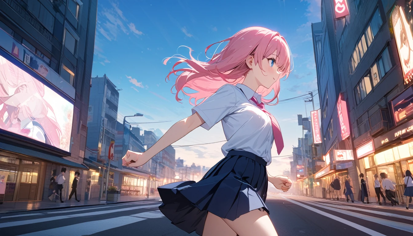 (Best Picture Quality, 8K, Masterpiece:1.3),(high school student:1.5), (pink medium hair), (Bedhead:1.5), (slant skyblue eyes), ((school uniform, short simple sleeve shirt, darkblue skirt, pink tie)), (super clear:1.5), (morning city alley Setting),(running:1.3),(panicking),(sweat:1.3),((looking back:1.3)),(back shot:1.3),(upper body).