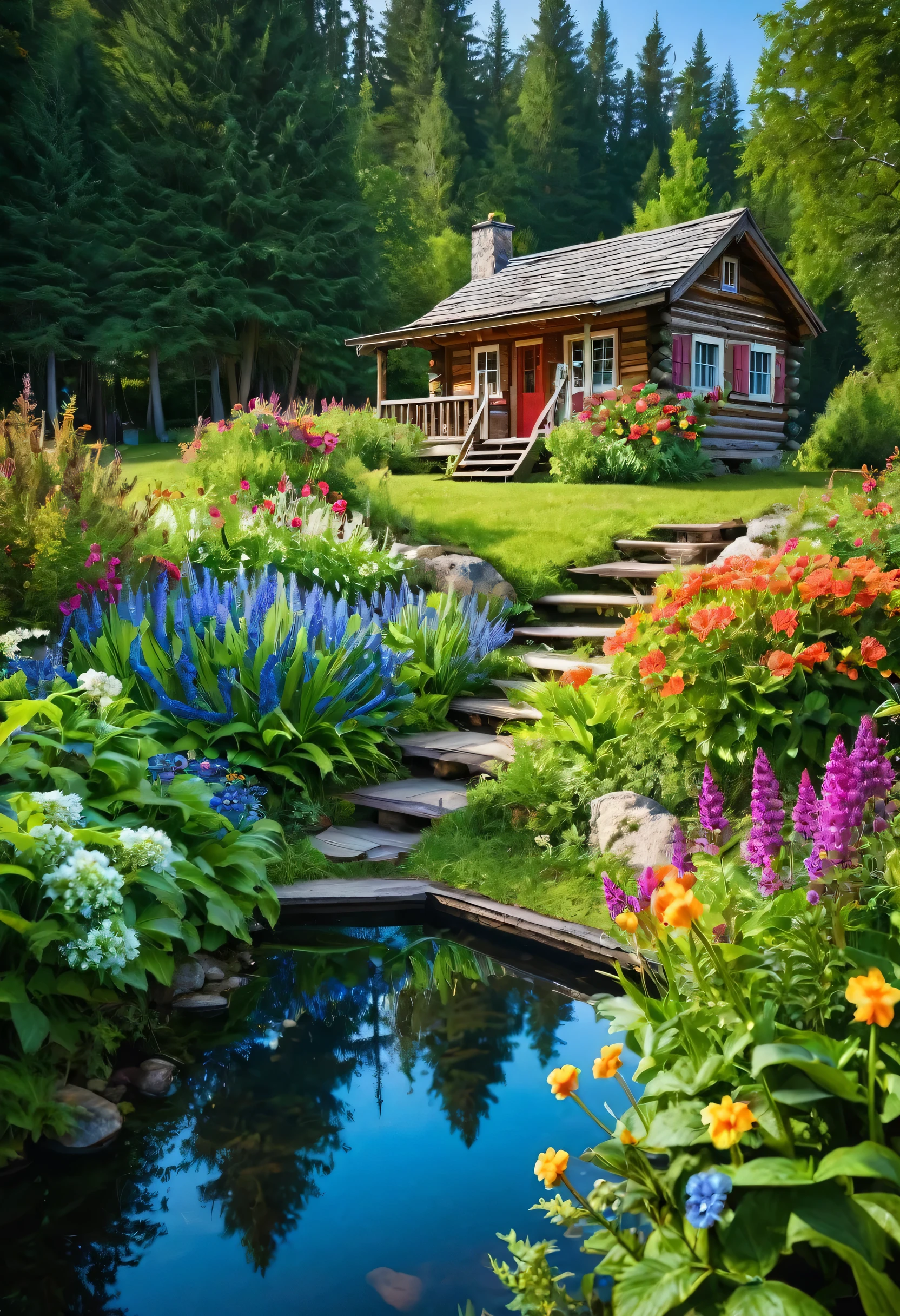 A charming, rustic cabin The path leading to the home, lined with meticulously tended garden beds and vibrant foliage, conveys a sense of tranquility and seclusion, immersing the viewer in the serene, natural setting. colorful flowers scenery, outdoors, nature cabin house coffee cup on the table, water, sky, forest, reflection, day, blue_sky, grass, reflective_water,