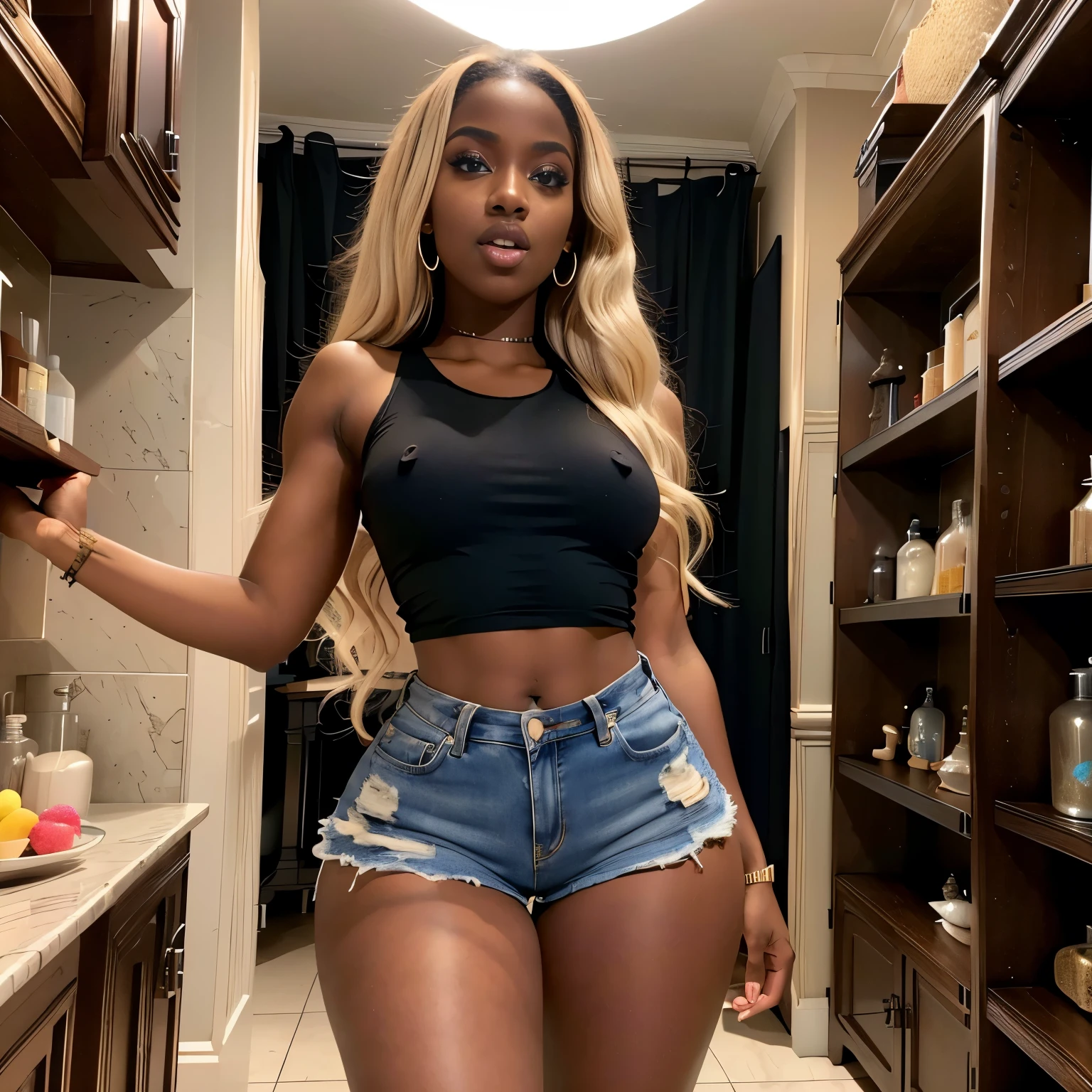 bubble butt dark skinned African girl, blond hair, t-pose, solo, arched back, 1girl, 18 years old, baby face, in magic shop, big lips, long hair, straight hair, extremely beautiful, blue eyes, ultra full lips, ((ultra thin waist)), micro waist, ultra flat stomach, small breasts, ultra wide hips, very thick thighs, pierced nipples, small hands, very round butt, (masterpiece), (best quality), detailed dark skin, wearing black jean shorts, white tanktop, open mouth, screaming, hourglass body, make-up, lip gloss, magical light