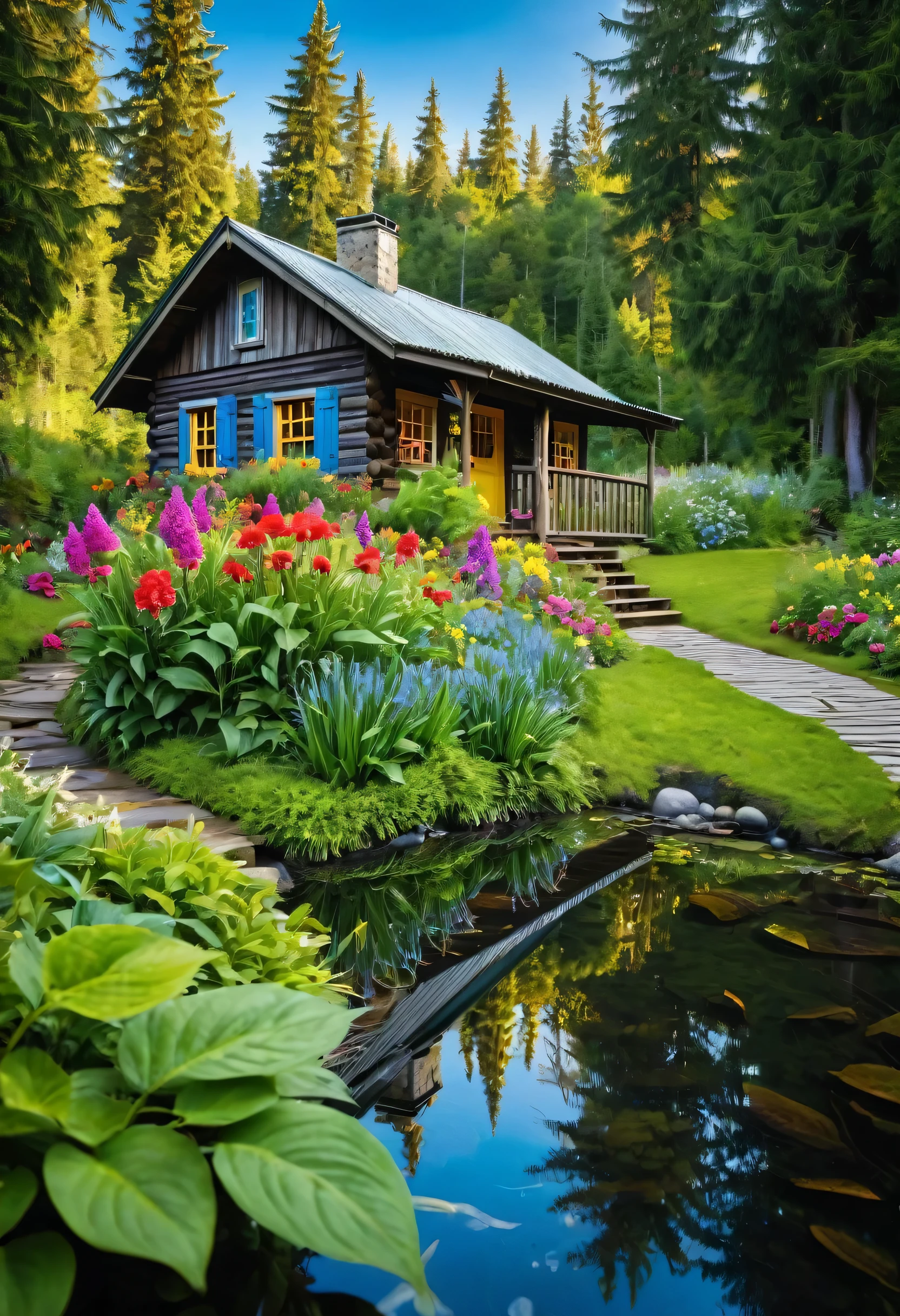 A charming, rustic cabin The path leading to the home, lined with meticulously tended garden beds and vibrant foliage, conveys a sense of tranquility and seclusion, immersing the viewer in the serene, natural setting. colorful flowers scenery, outdoors, nature cabin house coffee cup on the table,  water, sky, forest, reflection, day, blue_sky, grass, reflective_water,