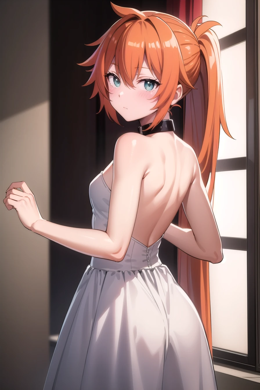 itsukakendo, itsuka kendo, long hair, (green eyes:1.3), ponytail, orange hair,
Wearing a Wedding dress, bridal veil 
Bedroom,
BREAK looking at viewer, (cowboy shot:1.5),
BREAK (masterpiece:1.2), best quality, high resolution, unity 8k wallpaper, (illustration:0.8), (beautiful detailed eyes:1.6), extremely detailed face, perfect lighting, extremely detailed CG, (perfect hands, perfect anatomy),Naughty tattoo on the belly, Wearing a dog collar , show one's back,nose blush  , childhood, elementary student, small breasts, kiss,touch, 1 boy , boy is tall