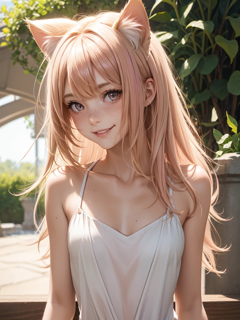 (best quality), 1girl, female, sun kissed skin, blonde hair, medium hair, swept bangs, pink streaked hair, brown eyes, perfect eyes, freckles, (cat ears), , slender, smile, small bust, masterpiece, anatomically correct, highres