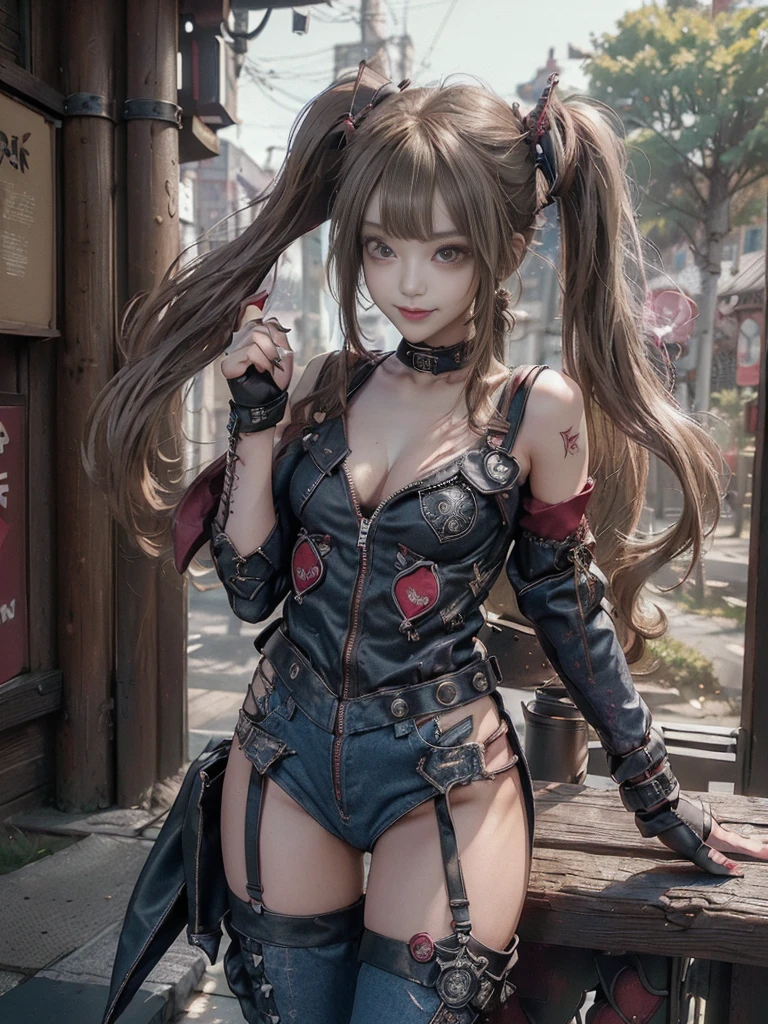 (Full body:1.4)、(Full Body View:1.4)、(Side view:1.1)、(Smiling with teeth showing:1.3),(Shibuya Gal:1.5)、(Beautiful:1.5)、(Punk RockVisual Kei:1.4)、(Burgundy denim with khaki and brown medieval tattered zip up:1.5)、(Wine red arm covers and tattered bugle pants:1.5)、(Wine red high heels:1.3)、(Wearing silver accessories:1.5)、(Dark brown collar:1.4)、(Leather garter belt:1.4)、(Red skin belt:1.3)、(Red lace underwear:1.5)、20-year-old、NSFW、((Highest quality、In 8K、masterpiece:1.3))、Sharp focus:1.2、(Layered Cut、Huge boobs:1.1),Beautiful woman with perfect figure:1.4、(Doing an aerobics pose:1.3)、Slender Abs:1.2、Highly detailed face and skin texture、Detailed eyes、double eyelid,(Twin tails:1.3)、(Brown-golden hair:1.3)、Gravure idol、(A fairytale-like cafe with a lush tree background:1.3)、(Slim body:1.3),(Make your legs thinner:1.4),(Thin, thin thighs:1.3)、(clavicle:1.1)