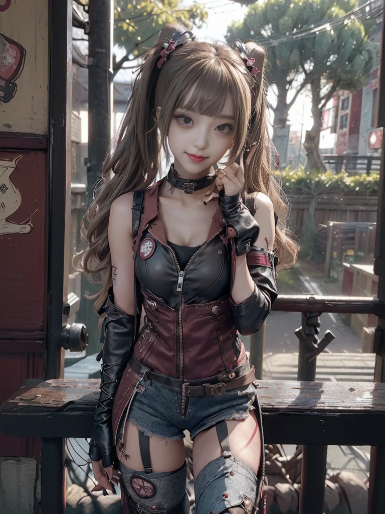 (Full body:1.4)、(Full Body View:1.4)、(Side view:1.1)、(Smiling with teeth showing:1.3),(Shibuya Gal:1.5)、(Beautiful:1.5)、(Punk RockVisual Kei:1.4)、(Burgundy denim with khaki and brown medieval tattered zip up:1.5)、(Wine red arm covers and tattered bugle pants:1.5)、(Wine red high heels:1.3)、(Wearing silver accessories:1.5)、(Dark brown collar:1.4)、(Leather garter belt:1.4)、(Red skin belt:1.3)、(Red lace underwear:1.5)、20-year-old、NSFW、((Highest quality、In 8K、masterpiece:1.3))、Sharp focus:1.2、(Layered Cut、Huge boobs:1.1),Beautiful woman with perfect figure:1.4、(Doing an aerobics pose:1.3)、Slender Abs:1.2、Highly detailed face and skin texture、Detailed eyes、double eyelid,(Twin tails:1.3)、(Brown-golden hair:1.3)、Gravure idol、(A fairytale-like cafe with a lush tree background:1.3)、(Slim body:1.3),(Make your legs thinner:1.4),(Thin, thin thighs:1.3)、(clavicle:1.1)