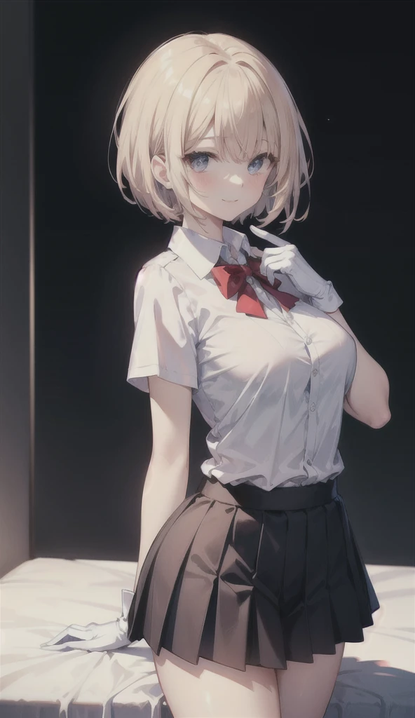 (8K, RAW photos, best quality, masterpiece:1.2), (Practical, photo-Practical:1.37), Extremely detailed,
1 girl,Lovely, Solitary,Beautiful and detailed sky,(Red and swollen nose),(Smile:1.1),(Shut up),Large Breasts, seductive Smile, Big Apartment, Professional lighting, Sony A7R4, Jersey 50mm F1.8,
Medium breasts,Beautiful and delicate eyes,(Collared shirt:1.1), bow tie,Pleated Skirt,(short hair:1.2),Flowing hair ,Long hair,White gloves,Eyes with highlights,miniskirt