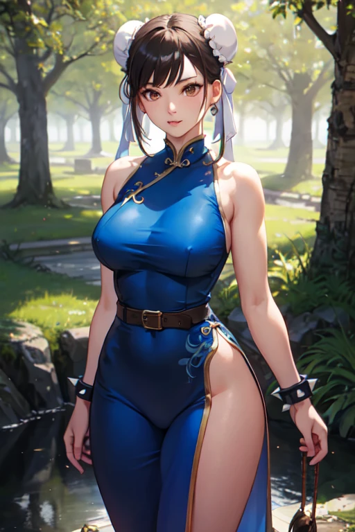 perfect eyes:1.2, detailed eyes:1.4, Chun Li, red eyeshadow:1.2, make up:1.2, white belt, qipao, nature, tree, brown eyes, short hair, brown hair, double bun, bun cover, blue dr.Ess, pelvic curtain, spiked bracelet, girdle, brown pantyhose, cowboy shot, 1 girl, alone, (Masterpiece:1.6, best quality), 8k, crazy detail, intricate detail, hyper detailed, hyper quality, high detail, ultra detailed, professional, HDR, ray traced reflection, cinematic lighting,