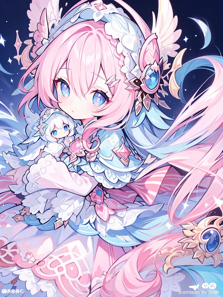 Highest quality,High resolution)Large seashell headdress,Amazing shiny pink hair,blue eyes,One girl,Detailed eyes and face,Beautiful lip detail,pretty girl,There is a medium sapphire on the chest:oil,Vibrant colors,Soft lighting