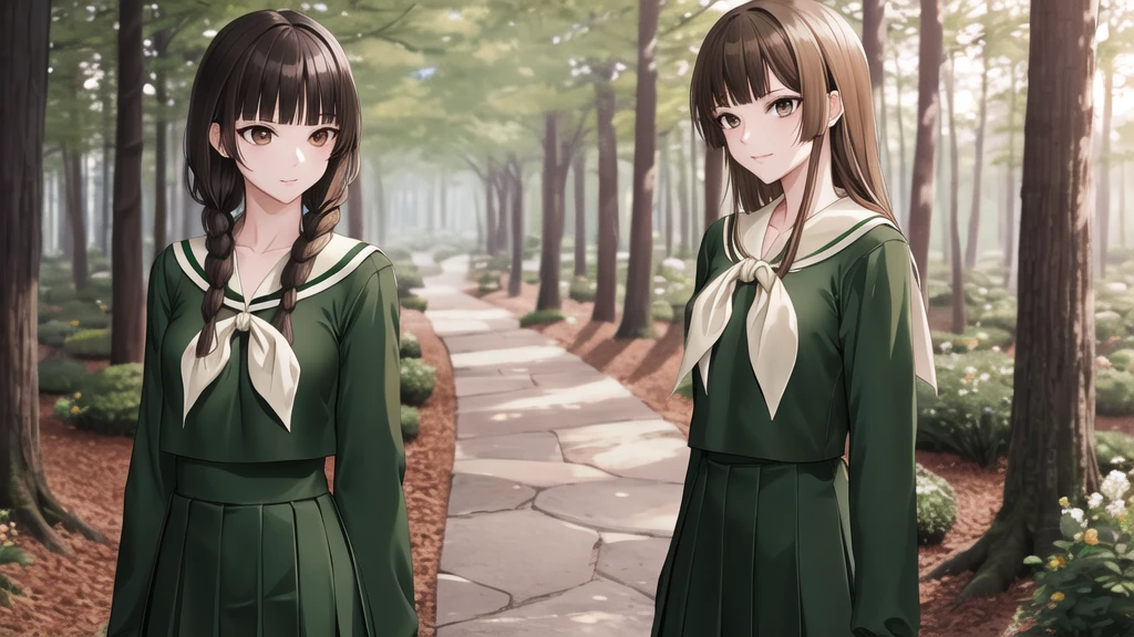 masterpiece, Highest quality, High resolution, aayoshino, , thin, Long Hair, Twin Blade, Brown eyes, Hair that falls over the shoulders, , Sailor collar, neckerchief, Green Shirt, One piece sailor shirt, Long sleeve, Green Skirt, Long skirt, Are standing, Cowboy Shot, Outdoor, White Rose, Person on the right, Shining Face, Slender