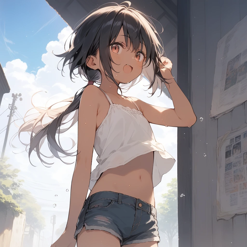 score_9, score_8_up, score_7_up, source_anime, best quality, masterpiece, official art, absurdres, highres, ultra-detailed,waifu2x,Collection: Slice of Life,break,1girl, tomboy, dark-skinned female, short hair, low ponytail, flat chest, beautiful detailed eyes, short shorts, sweat, open mouth, (yawn:0.3), sleepily, outdoors, wind, break,(clear line illustration:1.2),very high resolution, very aesthetic, super detailed skin, Best sexual lighting powered by famous artist, 8k,cute picture,beauty illustration,photoshop_(medium),,(Detailed Lighting),best anime 8k konachan wallpaper, pixiv contest winner, 