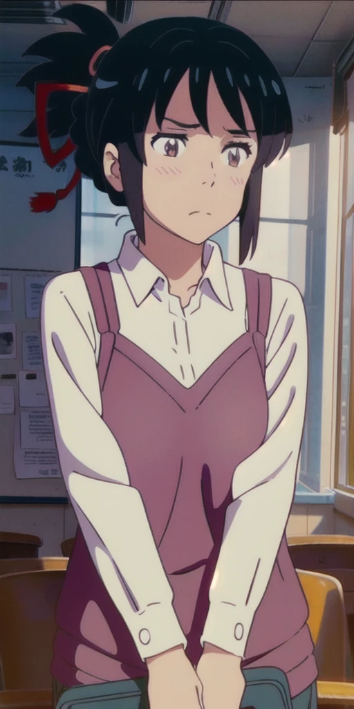 ager in in an empty, dimly lit classroom, very blushing with huge breasts, excessively large, anime style