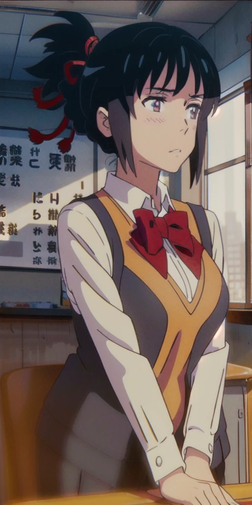 ager in in an empty, dimly lit classroom, very blushing with huge breasts, excessively large, anime style