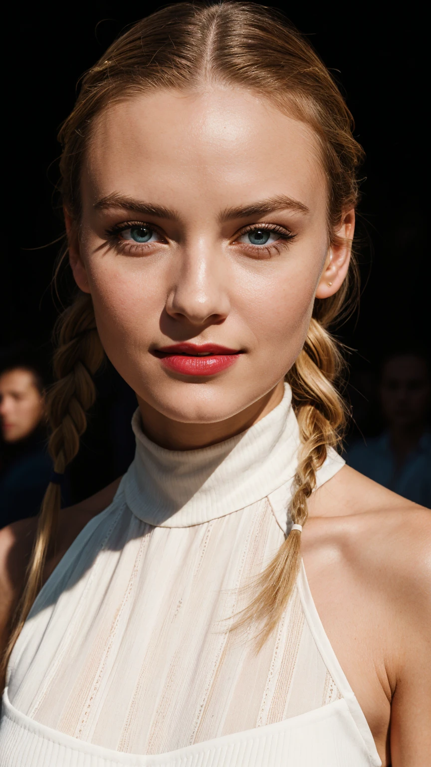 woman, smile, high neck dress, warm light, shadows, Photograph of a 25 year old woman, (ambivalent facial expression), face looking at camera, full face, portrait, faces are visible more, and the eyes look straight, textured leather, goosebumps, ash blonde mermaid with braid, Perfect eyes, realistic skin texture, too much sweat, (ektachrome), Velvia 100 color, shot with Leica T, hips, sharp focus on the subject, shot by Peter Lindbergh, bright, fair, realistic look, toka on forehead, nose jewelry, big lips, red lipstick, pink slip,