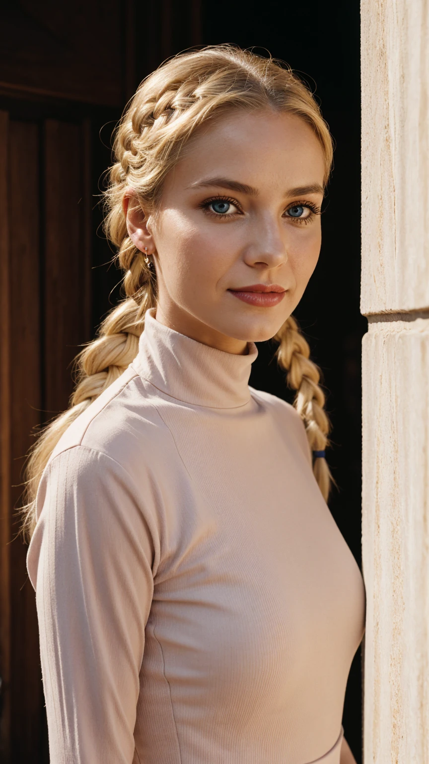 woman, smile, high neck dress, warm light, shadows, Photograph of a 25 year old woman, (ambivalent facial expression), face looking at camera, full face, portrait, faces are visible more, and the eyes look straight, textured leather, goosebumps, ash blonde mermaid with braid, Perfect eyes, realistic skin texture, too much sweat, (ektachrome), Velvia 100 color, shot with Leica T, hips, sharp focus on the subject, shot by Peter Lindbergh, bright, fair, realistic look, toka on forehead, nose jewelry, big lips, red lipstick, pink slip,