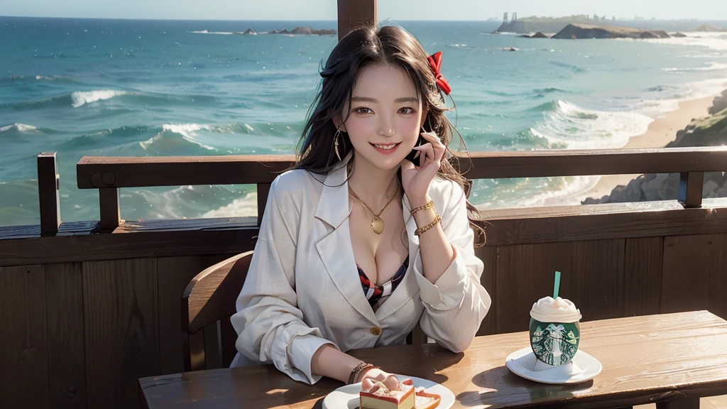 8K、RAW Photos、Highest quality、Super detailed、Super Resolution、Ultra HD、8K壁紙、Amazing details blazer uniform girl ((White blouse with formal collar, Blue Blazer,
Red Check Skirt, Red checkered ribbon on blouse)), Complete limbs, Full Finger,
(((((Starbucks)))))、(((((Cafe table with ocean view)))))((16 year old female student))、(((((Eat cake、Drink coffee、smile)))))、(((Heart Necklace、Gold bracelet)))
(((Emphasize cleavage)))
((((Full body photo、The whole body is visible、Full body portrait))))