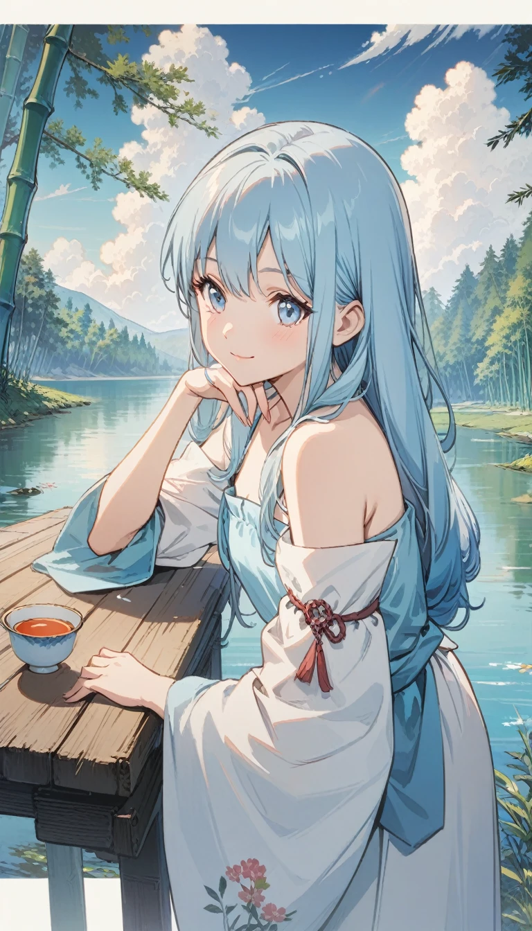 masterpiece, best quality, Official Art, 8k wallpaper, Very detailed, illustration, 1 girl, Sky blue hair, Long hair, Delicate eyes, Forrest Gump, Bare shoulders, Hanfu, lake, pure, Gentle smile, bamboo, Tea