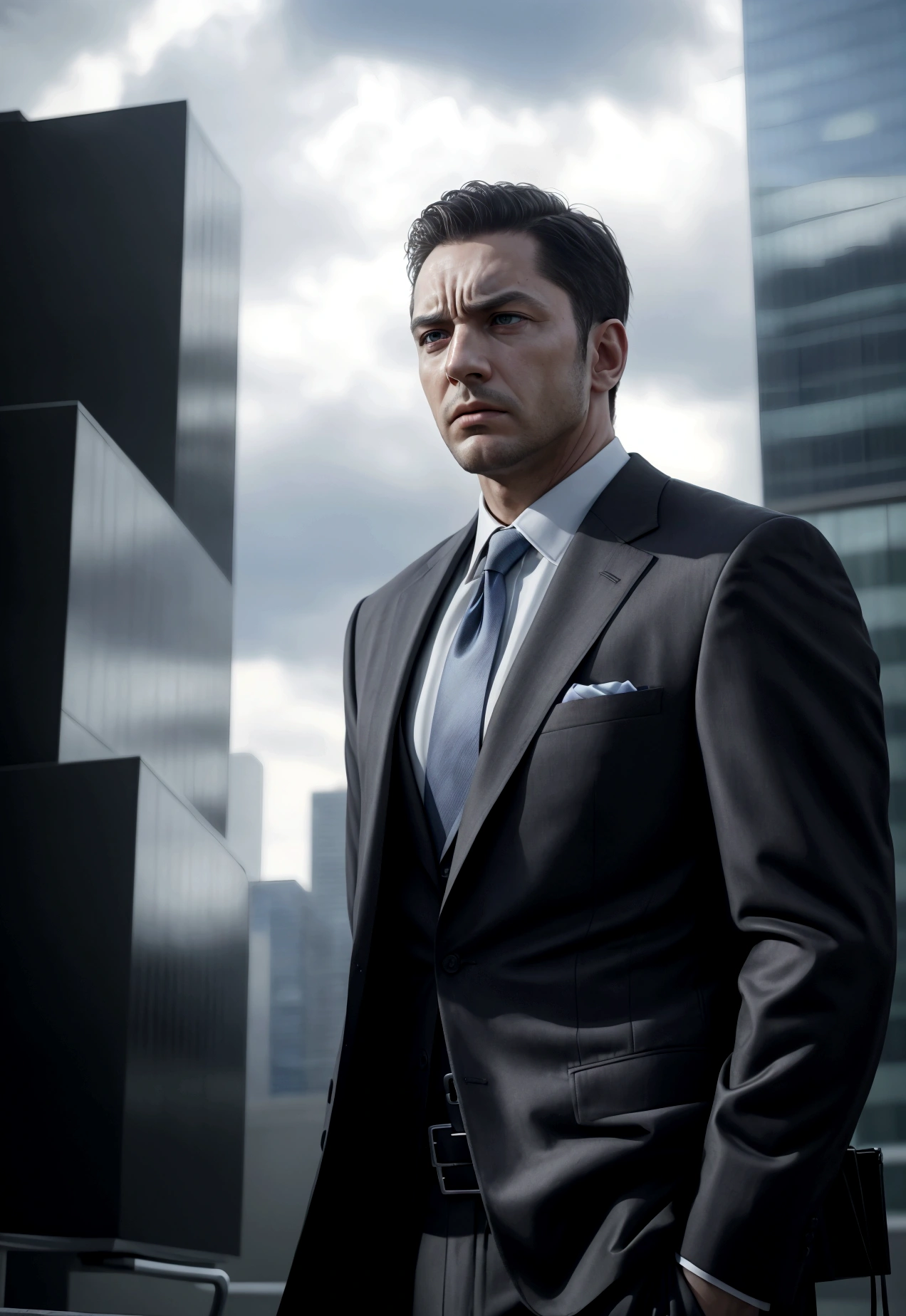 a high-quality, photorealistic digital painting of a man in a suit, looking concerned and conflicted, standing in front of an office building with a cloudy sky in the background, (best quality,4k,8k,highres,masterpiece:1.2),ultra-detailed,(realistic,photorealistic,photo-realistic:1.37),HDR,UHD,studio lighting,ultra-fine painting,sharp focus,physically-based rendering,extreme detail description,professional,vivid colors,bokeh,corporate,business,office,worried expression,furrowed brow,pensive,thoughtful,entrepreneur,crisis,uncertainty