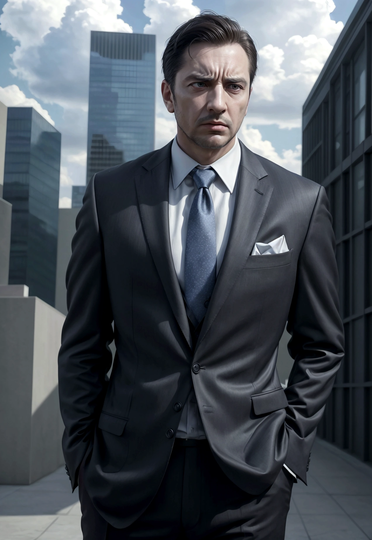 a high-quality, photorealistic digital painting of a man in a suit, looking concerned and conflicted, standing in front of an office building with a cloudy sky in the background, (best quality,4k,8k,highres,masterpiece:1.2),ultra-detailed,(realistic,photorealistic,photo-realistic:1.37),HDR,UHD,studio lighting,ultra-fine painting,sharp focus,physically-based rendering,extreme detail description,professional,vivid colors,bokeh,corporate,business,office,worried expression,furrowed brow,pensive,thoughtful,entrepreneur,crisis,uncertainty