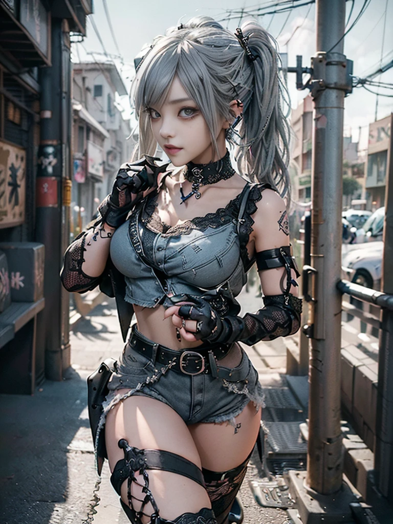 (Full Body View:1.3)、(Side view:1.1)、(Wearing a thong:1.4)、(Accentuate your butt:1.3)、(Smiling with teeth showing:1.3),(Shibuya Gal:1.5)、(Neo-goth style fashion:1.5)、(Punk RockVisual Kei:1.4)、(A high-leg bodysuit in a delicate design of denim, silver and black:1.5)、(Denim, black gloves and sailor shirt:1.5)、(Denim high heels:1.3)、(Wearing silver accessories:1.5)、(Denim collar:1.4)、(Black Leather Garter Belt:1.4)、(Brown Skin Belt:1.3)、(Black lace underwear:1.5)、20-year-old、NSFW、((Highest quality、In 8K、masterpiece:1.3))、Sharp focus:1.2、(Layered Cut、Huge boobs:1.1),Beautiful woman with perfect figure:1.4、(Dancing vigorously:1.3)、Slender Abs:1.2、Highly detailed face and skin texture、Detailed eyes、double eyelid,(Twin tails:1.3)、(Grey colored hair:1.3)、Gravure idol、(The Caribbean cityscape in the background:1.3)、(Slim body:1.3),(Make your legs thinner:1.4),(clavicle:1.1)