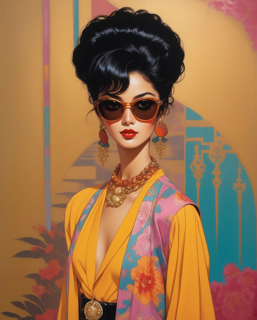 amano yoshitaka, A Saudi Arabian woman, black hair, brown eyes, light brown tan skin, clad in vibrant 1980's fashion, stands against a backdrop dripping with retro aesthetic. Her outfit exudes bold colors and patterns typical of the era, while her accessories, from oversized sunglasses to chunky jewelry, scream vintage glamour. The image, perhaps a photograph, captures her in a pose that exudes confidence and style. Every detail, from the teased hair to the shoulder pads, is meticulously rendered, inviting the viewer to immerse themselves in the nostalgic allure of the bygone decade.