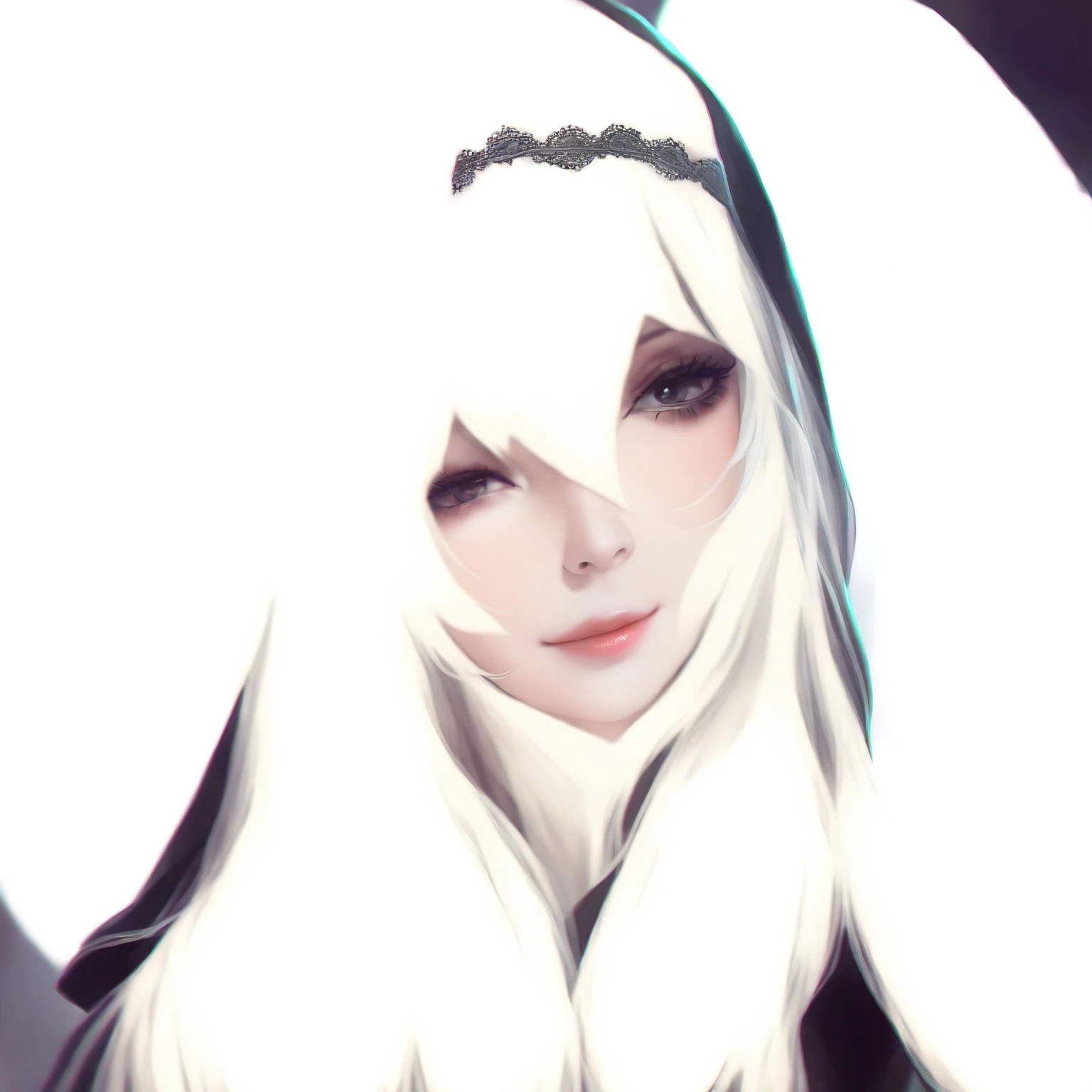 Black priest veil, priest, nun, 1girl, solo, woman, veil, lace blindfold, smile, white hair, long hair, bride veil, black veil