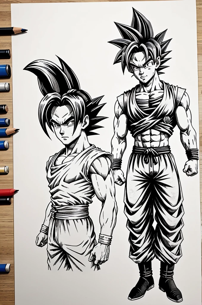 On left half vegito and on the right gogeta half drawing