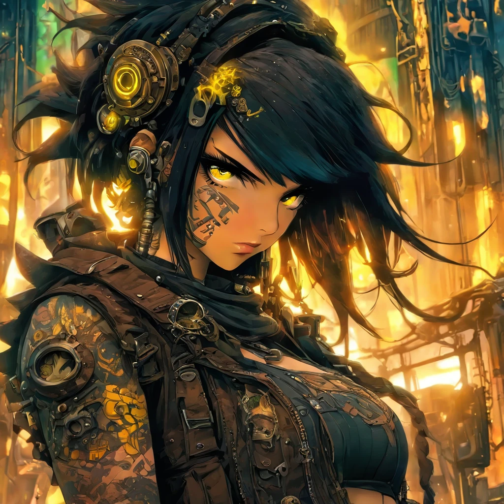 The most beautiful and sexy post apocalyptic steampunk girl, black hair, yellow eyes, wearing highly detailed steampunk tactical gear, tons of tattoos and piercings, metal fragments blowing in the wind, post apocalyptic wasteland, highly detailed background, perfect masterpiece, high quality, high resolution