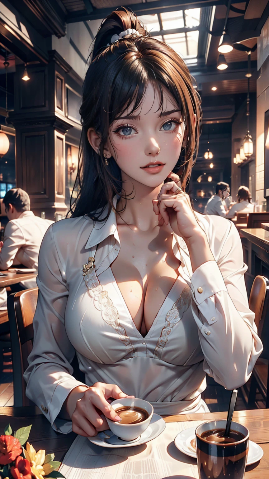 (In perspective) Gorgeous and sexy brunette woman、The perfect 23 year old secretary、Straight hair in a ponytail、Greasy, silky white skin (Moist) Thick lips, (photoRealistic:photoRealistic, 8K masterpiece), She has big breasts and wears a tight white dress shirt (Chest highlights), sitting at a restaurant table drinking coffee (hyperRealistic: Realistic, Intricately detailed environments), Sensual facial features: (Texture and environment、Professional photos、Perfect lighting).