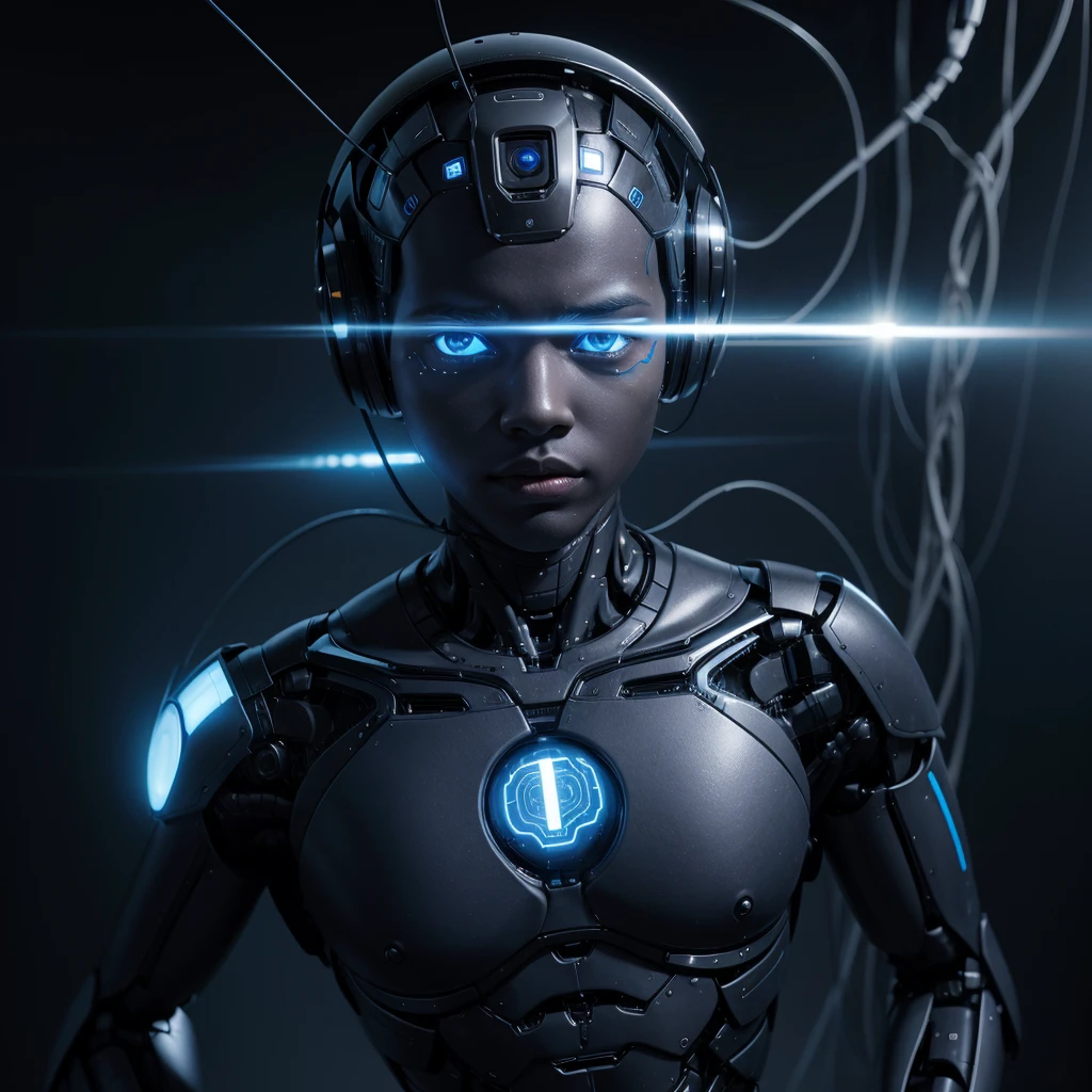 naughty man,dark-skinned,Robot Body Parts,brain connected to artificial intelligence,blue querto