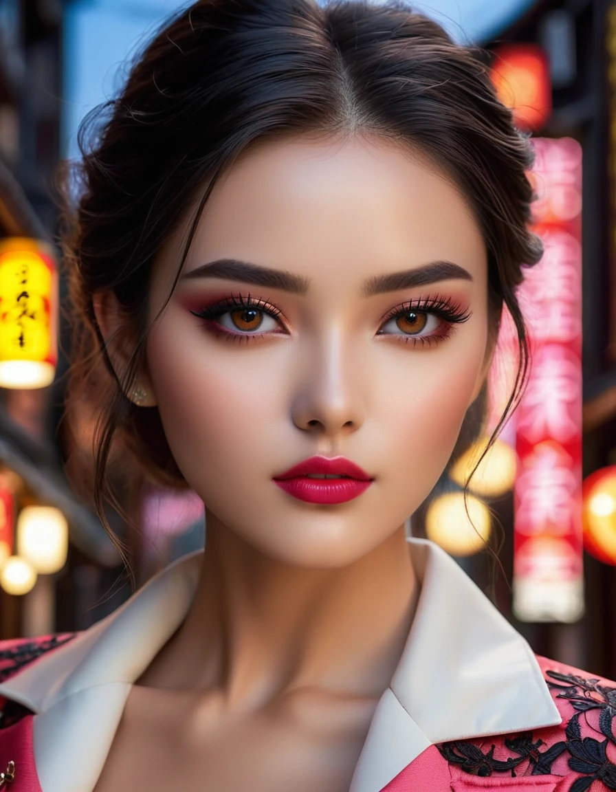 Divide Ratio : 1,1,1 Base Ratio: photorealistic in 32K quality, Fantasy, Artistic, A delicate fairy with mature features, puffy lips, and stunning realistic eyes, (ultra absurd quality, extremely detailed detail, ultra resolution, clear sharp focus, not blurry, (Realistic brown_eyes:1.3))), perfect dark_eyeshadows:1.2, a (girl 22-year-old),fashion supermodel,(best high quality real texture skin:1.4),(ebony skin female),(best quality texture hair:1.4),BREAK,((black hair (slicked to the side) Intricately detailed:1.35)),night((outside,in the Chinatown at night:1.3)),(best high quality:1.4),(soft neon lighting on the face and body),(perfect proportions),(anatomically correct),(perfect female body:1.4),(firm big full breasts:1.4),slim face,beautiful cheekbones,((slim,swell-muscled body:1.3)),(Insanely beautiful face),(realistic face),(Insanely detailed face),((super realistic sharp-eyes)), (tired and sleepy and satisfied:0.0), (close up of a woman's eyes), perfect round eyes, finely detailed pupils,BREAK,detailed lips:1.3,(pink_makeup:1.35),(red_lipstick:1.28),(perfect dark_eyeshadows:1.3),(Insanely detailed makeup on eyes:1.3), iridescent eyes, with professional makeup, vibrant eyes:1.2, (Detailed nose:1.2),BREAK,((Insanely detailed red((cut jacket cute)) wear:1.24)),small head:1.4,BREAK,(long white-black lace dress((lace-up dress with Intricately detailed:1.3))),(random u%u top:1.25),exquisite balance of shadows,perfect composition,(shot above the knee:1.3),look at the viewer,(from below:1.3),((show high exposed thighs:1.3)), Hasselblad, 85mm f/4.0
