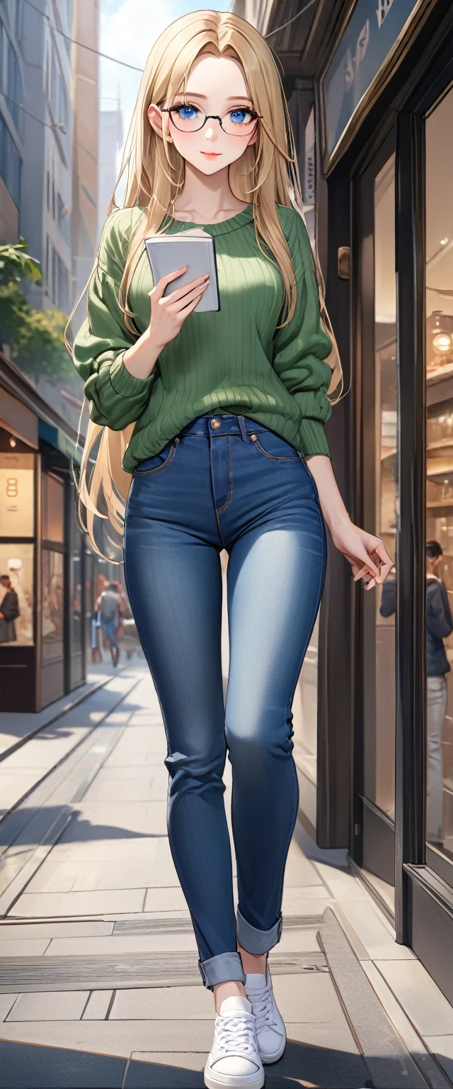 ((best quality, masterpiece:1.3, 8K)), (detailed), highly detailed face and skin texture, detailed eyes, downtown, full body, seductive pose, slender body, 1girl, 25 years old, white skin, blue eyes, bright lips, seductive smile, shy, blond hair, straight hair, long hair, (forehead:1.0), blue eyes, reading glasses, green sweater, jeans pants, skinny jeans, blue jeans, white sneakers,
