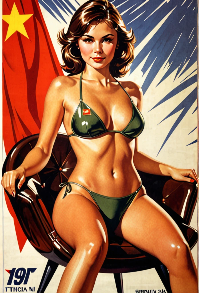 Soviet girl on propaganda poster. Showing cutting-edge 1990-s micro-bikini. Brown hair. Firm tits and ass. Sitting on a luxury chair. Spreading legs, showing pussy, between legs. Seductive smirk.