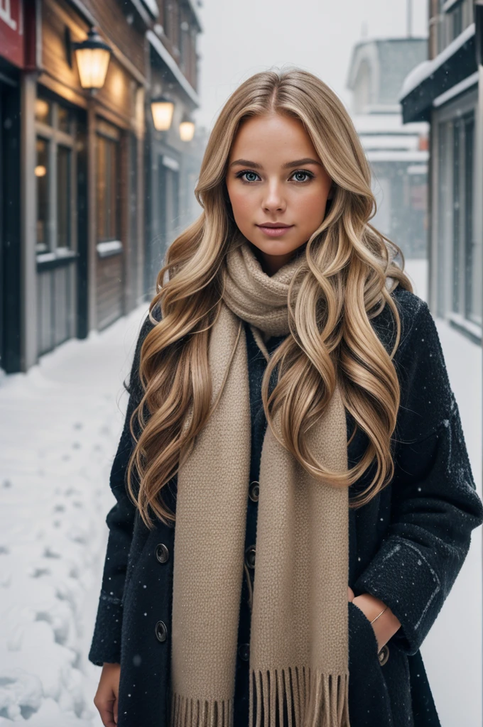 professional portrait photograph of a gorgeous Norwegian girl in winter clothing with long wavy blonde hair, sultry flirty look, gorgeous symmetrical face, cute natural makeup, wearing elegant warm winter fashion clothing, ((standing outside in snowy city street)), stunning modern urban environment, ultra realistic, concept art, elegant, highly detailed, intricate, sharp focus, depth of field, f/1. 8, 85mm, medium shot, mid shot, (((professionally color graded))), bright soft diffused light, (volumetric fog), trending on instagram, hdr 4k, 8k