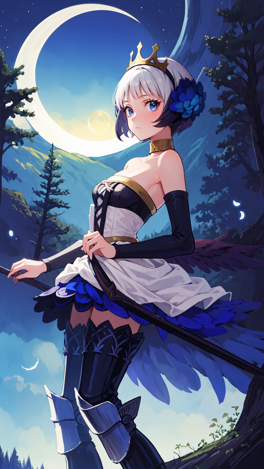 best quality, masterpiece, gwenos, short hair, low feathers, white strapless dress, tiara, detached gauntlets, gold collar, armored thigh boots, hair buns, looking at viewer, OdinSphereStyle, midnight, cloudy sky, crescent moon, forest, moonlight, horizon, nature, outdoors, scenery, starry sky, tree, rotating,